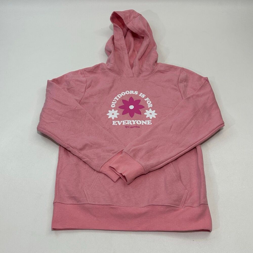 Columbia Girl's Pink Outdoors Is For Everyone Hoodie Fleece Pullover,‎ Size L